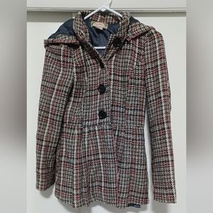 Flying Tomato Pleated Plaid Coat with Removable Hood Black, Red, Gray, Cream